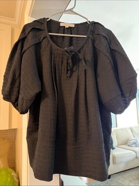 LOFT Black Textured Tie-Front Peasant Top